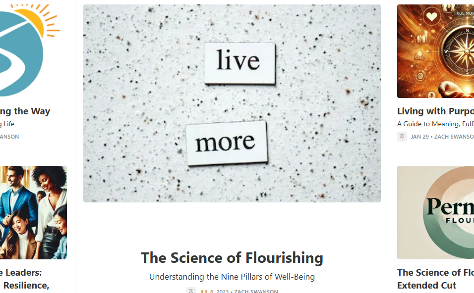 An image of paving the way's Substack for positive media writing. Shows recent title's like "The Science of Flourishing: Understanding the Nine Pillars of Well-Being", "Living with Purpose", and "Introducing Paving the Way: Your Guide to a Fulfilling Life"